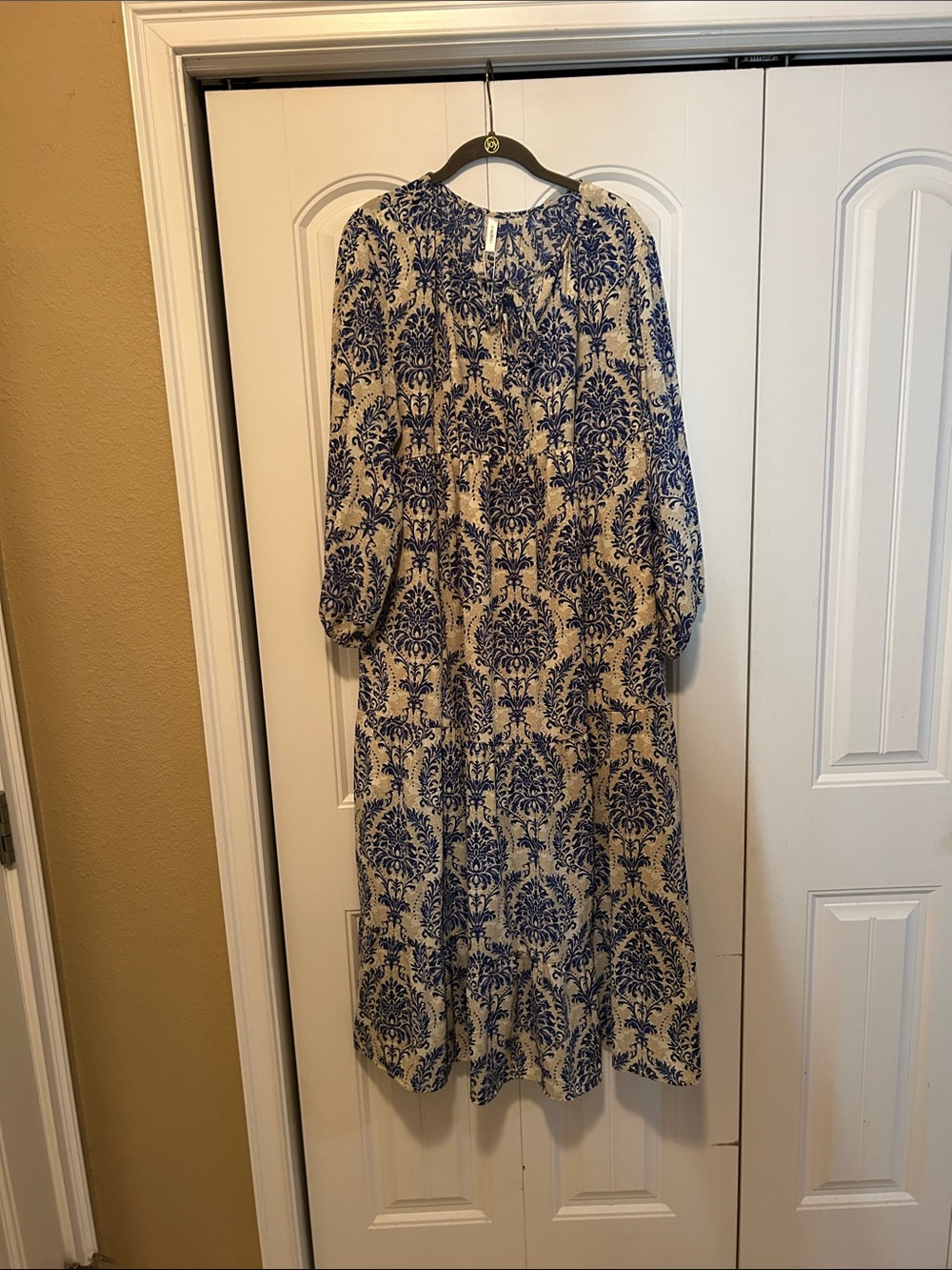 Cream and Blue Long Sleeve Printed Maxi Dress